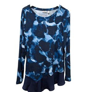 LOGO Lori Goldstein Tunic Top Medium Blue Chiffon Ruffle Long Sleeve Tee NWOT